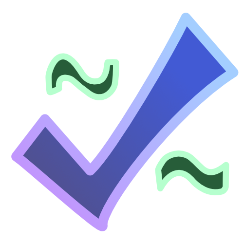 A checkmark that grades from purple to blue, with 2 green squiggles beside it. One squiggle is to the right of it the other is on the left. The image has light line art.